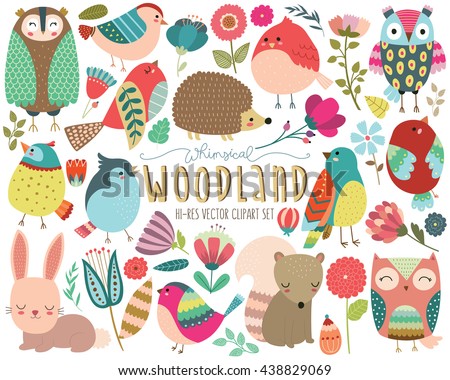 Woodland Animals and Whimsical Design Elements Vector