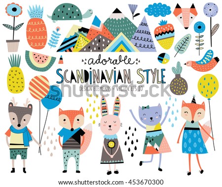 Cute Scandinavian Style Animals and Design Elements Vector