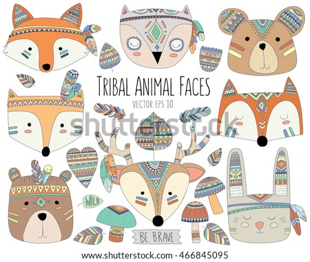 Woodland Tribal Animal Faces and Design Elements Vector - Stock Image -  Everypixel