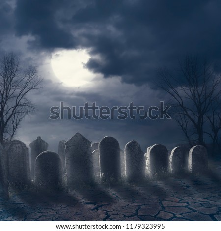 Halloween scary night concept. Horror graveyard at night with evil moon. October 31 halloween party poster design background.