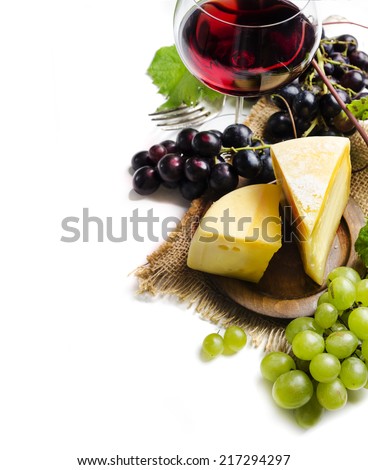Wine and cheese on white background