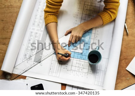 Top view of architect drawing on architectural project