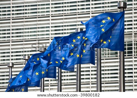 Flags of European Union in front of European Commission in Brussels, Belgium