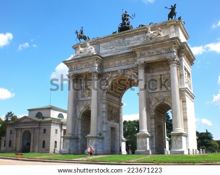 View of Arch of Peace on August, in Milan. The arch is clad in marble and decorated with Corinthian columns, basreliefs and sculptures. August 16, 2014