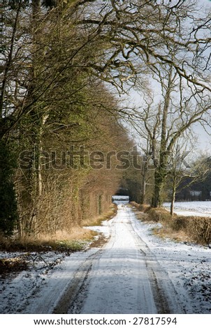 Snowy country lane in the Cotwolds, England