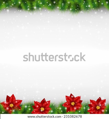Shiny green pine branches like frame with flower of poinsettia in snowfall on grayscale background Shiny green pine branches like frame with flower of poinsettia in snowfall on grayscale background