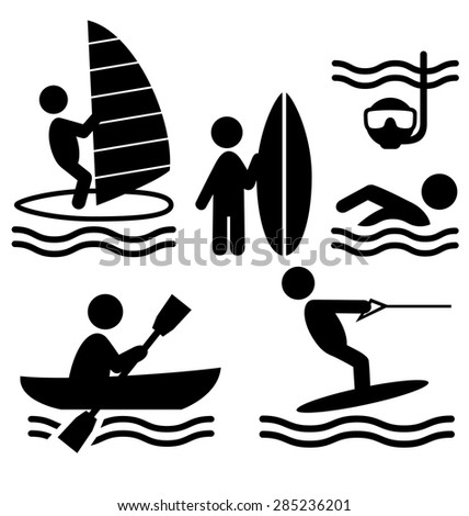 Summer water sport pictograms flat people icons isolated on white background