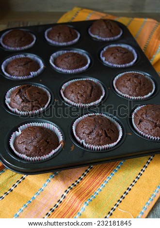 choclate muffins in baking pan