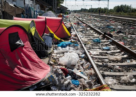 Tovarnik, Croatia - September 21, 2015: Tents left behind by refugees can be seen in a train station in a village on the border between Serbia and Croatia