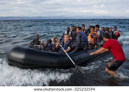 Lesbos, Greece - September 29, 2015: Refugees arrive on the boat from Turkey