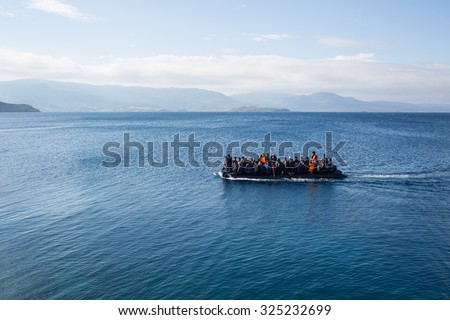 Lesbos, Greece - September 30, 2015: Refugees arrive on the boat from Turkey