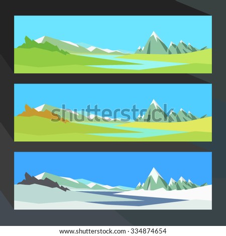 Sunny day in the valley of a mountain river in different seasons. Vector illustration for use in web design or other visual area. Landscape sketch for the background.