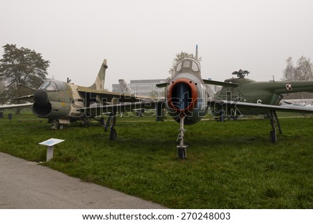 KRAKOW, POLAND - NOV 04, 2014: Aviation Museum in Krakow. Exhibition plane in the museum.  Fighter jets MiG-15