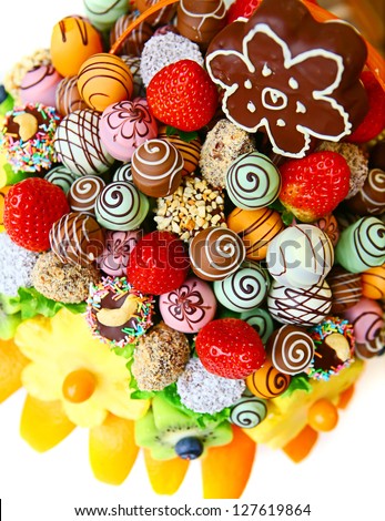 Fruit bouquet with strawberry, pineapple, kiwi and chocolate