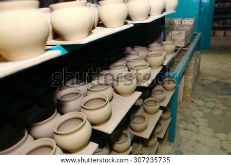 Clay pots on ceramic factory in Borisovka