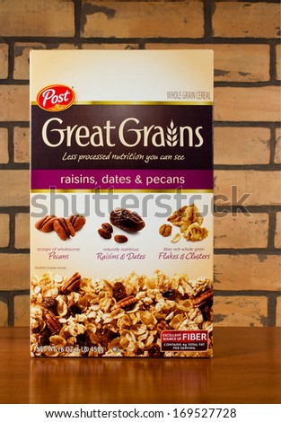 RIVER FALLS,WISCONSIN-JANUARY 3,2014: Photo of a box of Post Great Grains cereal. Post cereals was founded by C. W. Post in 1895