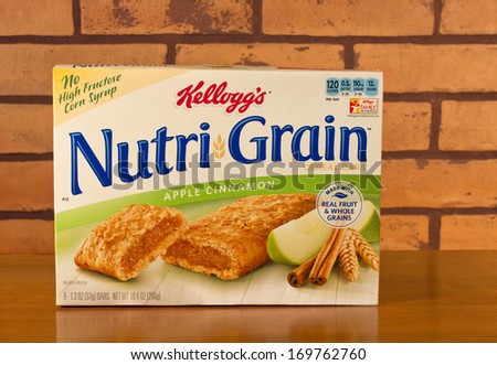 RIVER FALLS,WISCONSIN-JANUARY 5,2014: A box of Kelloggs Nutri-Grain cereal bars. Kelloggs was founded in 1906 by Will Keath Kellogg. The products are marketed in over 180 countries.