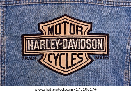 River Falls,Wisconsin-January 25,2014: The Harley-Davidson Logo On Denim. Harley-Davidson Was Founded In Milwaukee, Wisconsin In 1903.