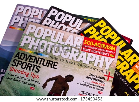 RIVER FALLS,WISCONSIN-JANUARY 27,2014: Several issues of Popular Photography magazine. Popular Photography is a monthly American magazine with the largest circulation of any imagery magazine.