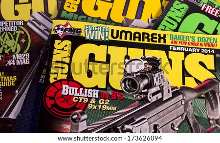 RIVER FALLS,WISCONSIN-JANUARY 28,2014: Several issues of Guns Magazine. Guns Magazine is one of the oldest periodicals about firearms in continuous publication.