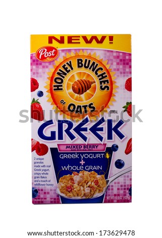 RIVER FALLS,WISCONSIN-JANUARY 28,2014: A box of Honey Bunches of Oats cereal. Post Foods was founded by C.W.Post in 1895. It is headquartered in St. Louis,Missouri.