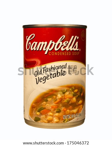 RIVER FALLS,WISCONSIN-FEBRUARY 05,2014: A can of Campbell\'s vegetable soup. Campbell\'s is an American company whose products are sold in over 120 countries worldwide