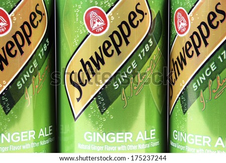 RIVER FALLS,WISCONSIN-FEBRUARY 05,2014: Cans of Schweppes Ginger Ale. Schweppes is a beverage brand that includes many carbonated waters and ginger ales.