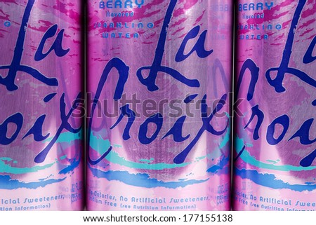 RIVER FALLS,WISCONSIN-FEBRUARY 17,2014: Several cans of La Croix Sparkling water. La Croix is a sparkling water beverage distributed by Sundance Beverage Company.