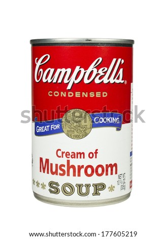 RIVER FALLS,WISCONSIN-FEBRUARY 19,2014: A can of Campbell\'s Cream of Mushroom soup. Campbell\'s is an American producer of canned soups and related products.