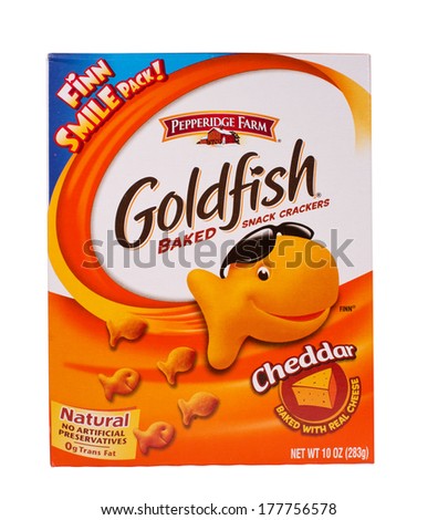 RIVER FALLS,WISCONSIN-FEBRUARY 19,2014: A box of Goldfish snack crackers. Goldfish are manufactured by Pepperidge Farm, a division, of Campbell Soup Company.