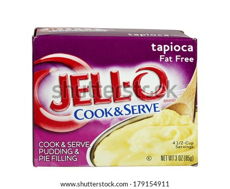 RIVER FALLS,WISCONSIN-FEBRUARY 28,2014: A box of Jell-o Tapioca Pudding. Jell-o is a brand name owned by Kraft Foods of Northfield,Illinois.