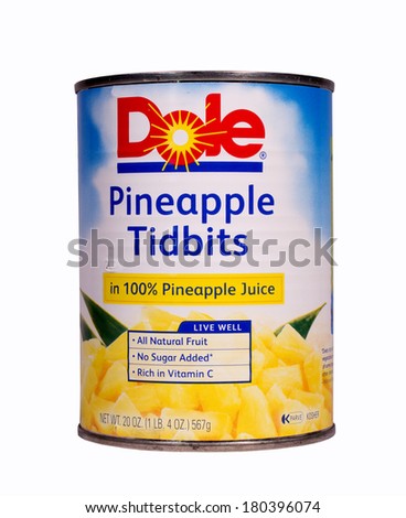 RIVER FALLS,WISCONSIN-MARCH 7, 2014: A can of Dole Pineapple Tidbits. Dole Food Company is an American agricultural corporation based in Westlake Village,California.