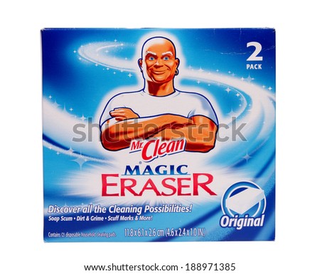 RIVER FALLS,WISCONSIN-APRIL 23, 2014: A package of Mr Clean Magic Eraser cleaning pads. Mr Clean is a product of Procter and Gamble Company of Cincinnati,Ohio.