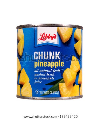 RIVER FALLS,WISCONSIN-JUNE 13, 2014: A can of Libby\'s chunk style pineapple. Libby\'s is an American food company based in Chicago,Illinois.