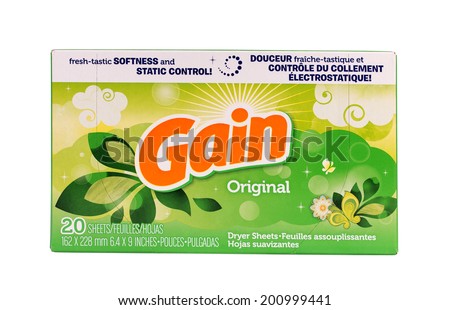 RIVER FALLS,WISCONSIN-JUNE 26,2014: A box of Gain fabric softener sheets. This product is distributed by Procter and Gamble of Cincinnati,Ohio.