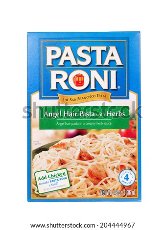 RIVER FALLS,WISCONSIN-JULY 11,2014: A box of PASTA RONI Angel Hair pasta.This product is distributed by Golden Grain Company of Chicago,Illinois.