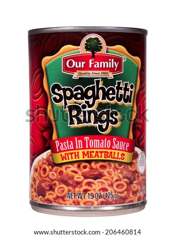 RIVER FALLS,WISCONSIN-JULY 21,2014: A can of Our Family Spaghetti Rings with meatballs. This product is distributed by Nash Finch Company of Minneapolis,Minnesota.