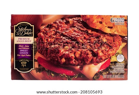 RIVER FALLS,WISCONSIN-JULY 29,2014: A box of Stockman and Dakota premium angus beef patties. This product is distributed by SuperValue Inc. of Eden Prarie,Minnesota.