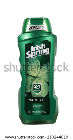 RIVER FALLS,WISCONSIN-AUGUST 11,2014: A bottle of Irish Spring brand body wash. Irish Spring is distributed by Colgate Palmolive Company of New York.