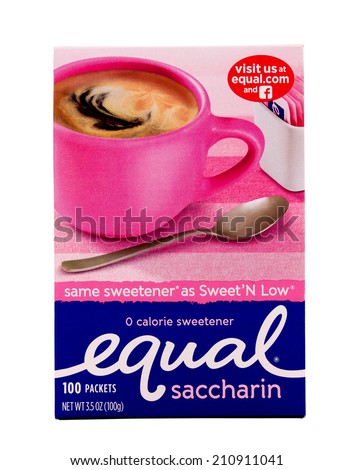 RIVER FALLS,WISCONSIN-AUGUST 14,2014: A box of Equal artificial sweetener. Equal contains Aspertame,Dextrose and Maltodextrin.
