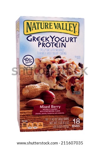 RIVER FALLS,WISCONSIN-AUGUST 18,2014: A box of Nature Valley brand Greek Yogurt Protein bars. Nature Valley is a brand name of General Mills Inc.