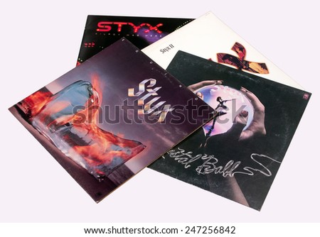 RIVER FALLS,WISCONSIN-JANUARY 26,2015: A collection of vintage Styx record albums. Styx has had Sixteen top forty hit singles in the United States.