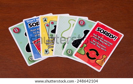 RIVER FALLS,WISCONSIN-JANUARY 31,2015: A collection of six Sorry game cards. The earliest version of Sorry can be traced back to Nineteen Twenty Nine.