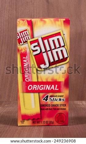 RIVER FALLS,WISCONSIN-FEBRUARY 02,2015: A box of Slim Jim snack sticks. Slim Jim jerky snacks are distributed by ConAgra Foods of Omaha,Nebraska