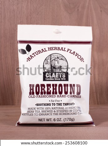 RIVER FALLS,WISCONSIN-FEBRUARY 16,2015: A bag of Claeys Horehound candy. Horehound drops are a candy/cough medicine made from Marrubium Vulgare.