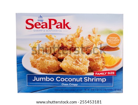 RIVER FALLS,WISCONSIN-FEBRUARY 24,2015: A box of SeaPak brand Jumbo Coconut Shrimp. SeaPak Shrimp Company is located in Saint Simons Island,Georgia.
