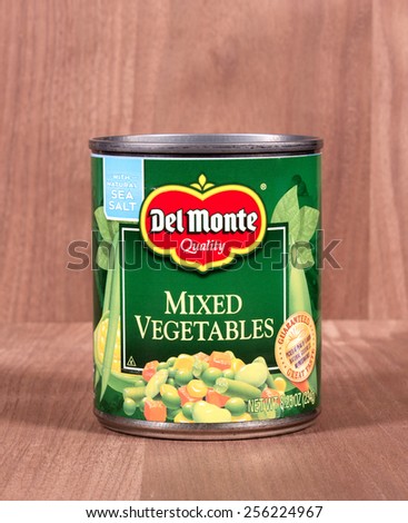 RIVER FALLS,WISCONSIN-FEBRUARY 25,2015: A can of Del Monte mixed vegetables. Del Monte Foods Incorporated is headquartered in San Francisco.
