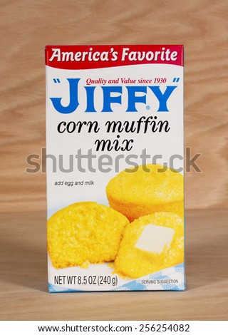 RIVER FALLS,WISCONSIN-FEBRUARY 25,2015: A box of Jiffy corn muffin mix. The Jiffy brand is owned by Chelsea Milling Company of Chelsea,Michigan.