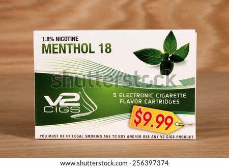 RIVER FALLS,WISCONSIN-FEBRUARY 27,2015: A box of V2 Electronic Cigarette Cartridges. Electronic cigarettes are a popular alternative to tobacco.