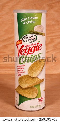 RIVER FALLS,WISCONSIN-MARCH 09,2015: A can of Sour Cream and Onion flavored veggie chips. These chips are made with potatoes,spinach,broccoli,and peas.